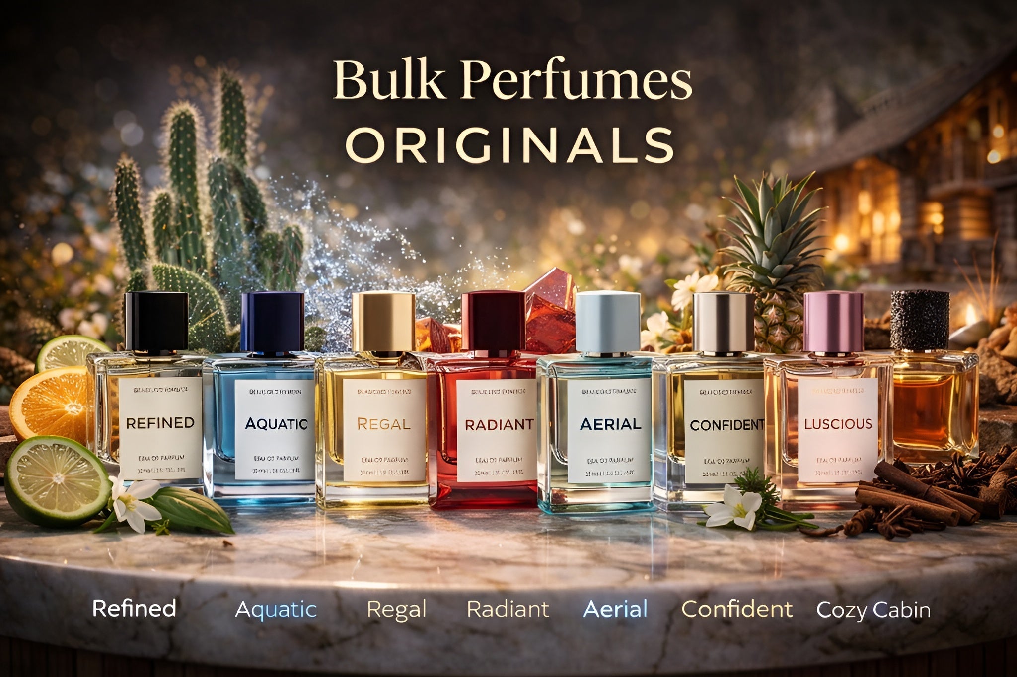 Three Bulk Perfumes Originals fragrances—Aquatic, Refined, and Regal—shown in square glass 30 ml (1 fl oz) eau de parfum bottles with black caps on a dark studio backdrop 