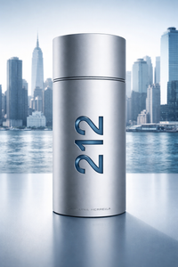 Silver bottle of Carolina Herrera 212 with a cityscape in the background