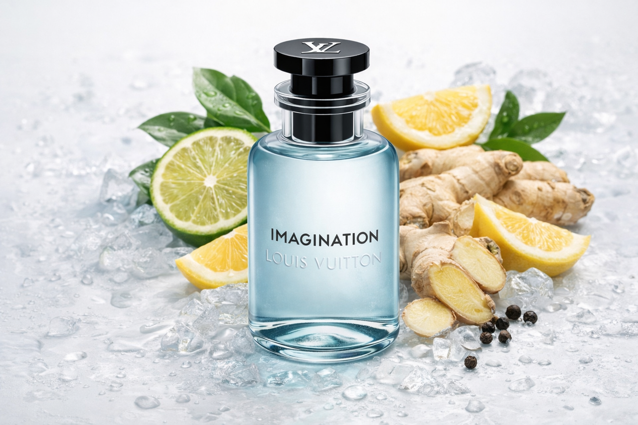 Louis Vuitton perfume bottle with lemons, limes, and ginger on a light background