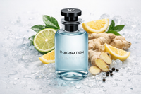 Louis Vuitton perfume bottle with lemons, limes, and ginger on a light background