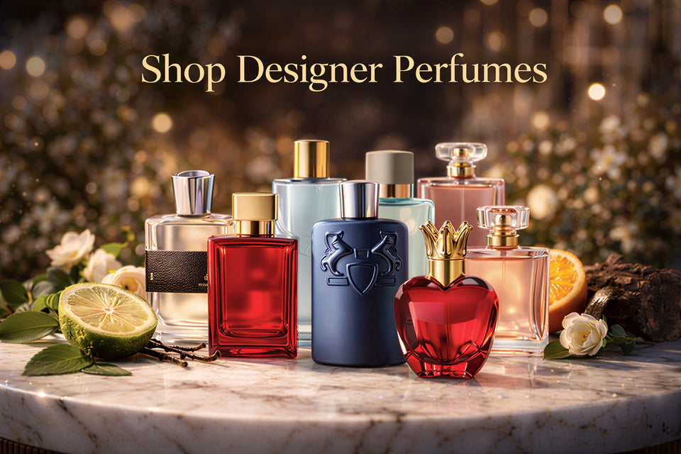 Collection of designer perfumes on a marble surface with a blurred background