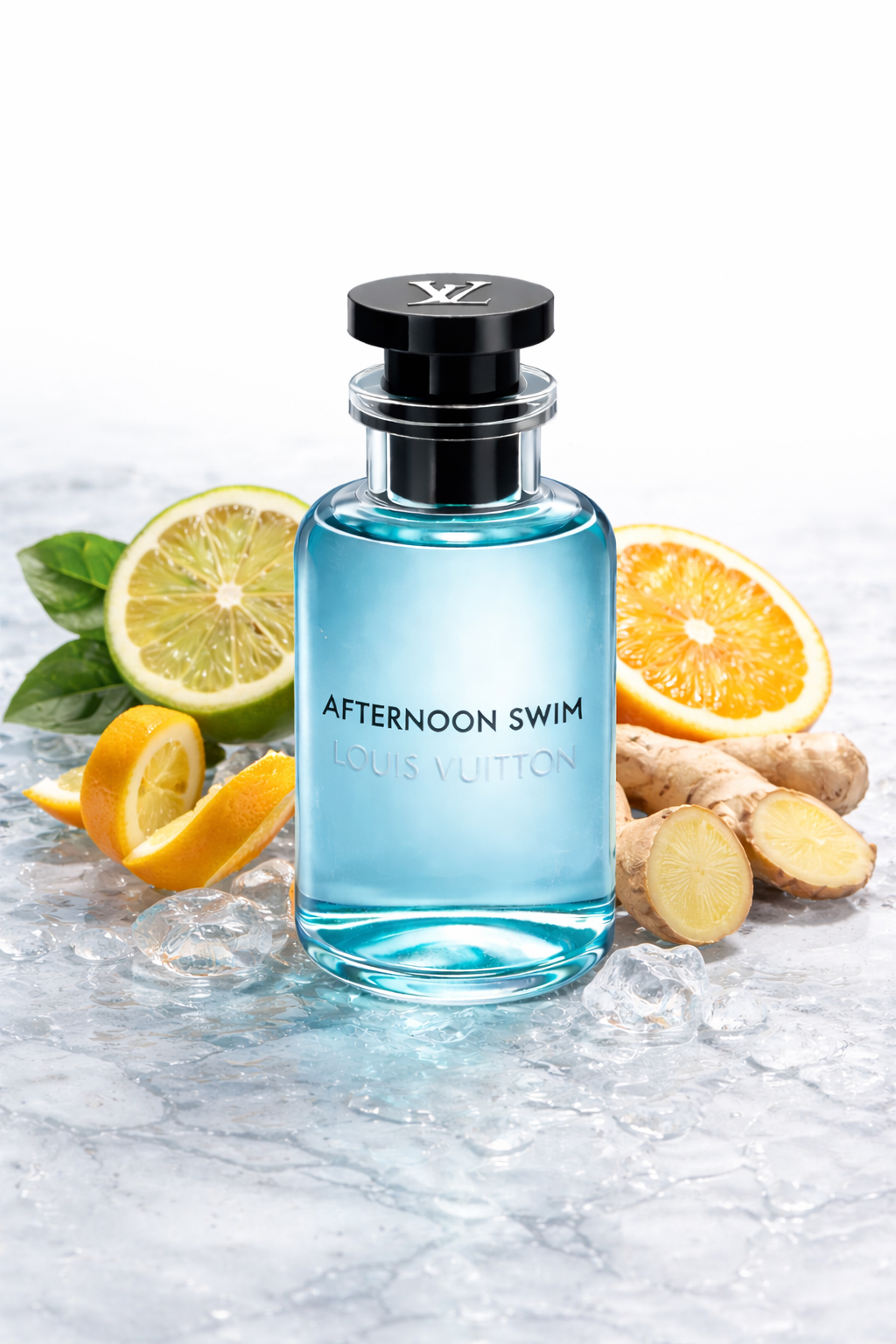 Blue perfume bottle labeled 'Afternoon Swim' by Louis Vuitton with citrus fruits and ginger on a marble surface.