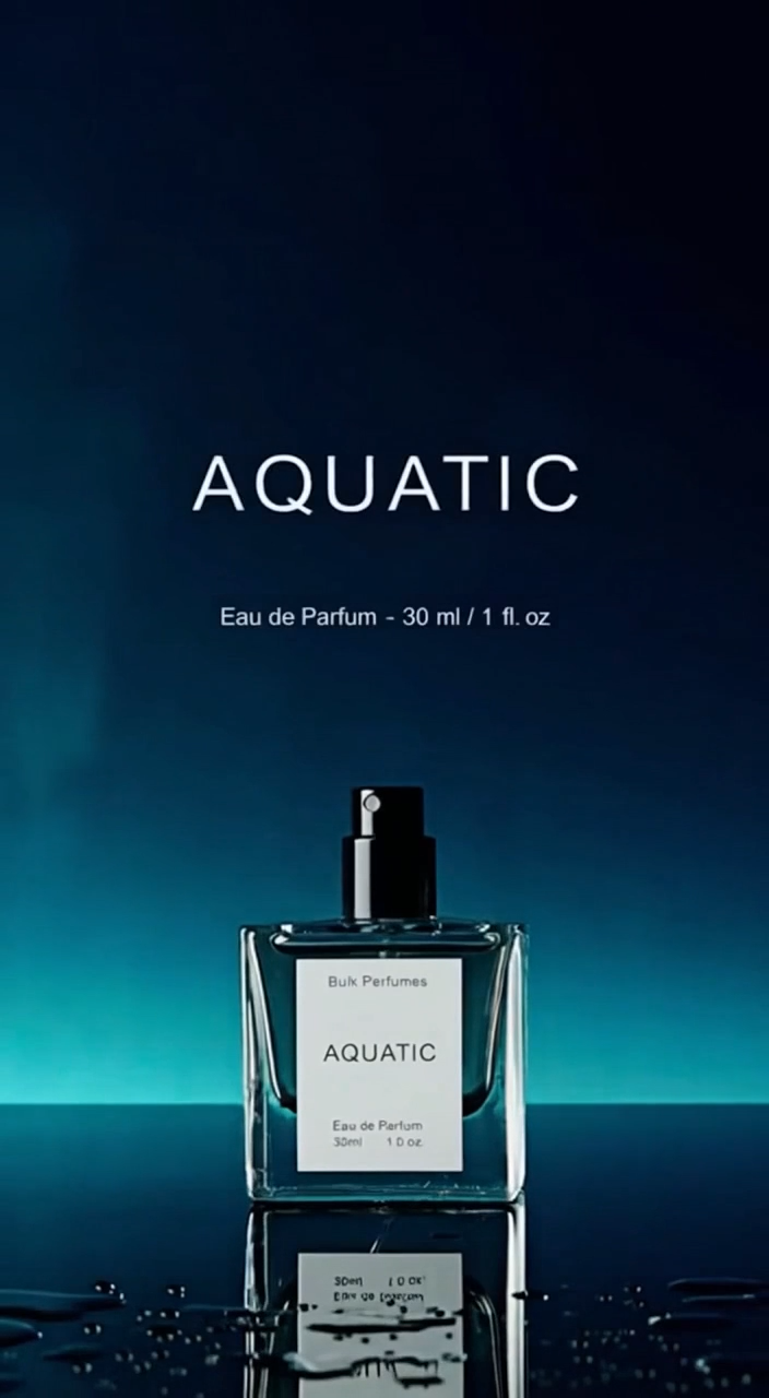 Aquatic eau de parfum bottle on a reflective surface with a dark blue background