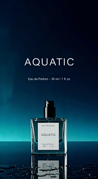 Aquatic eau de parfum bottle on a reflective surface with a dark blue background