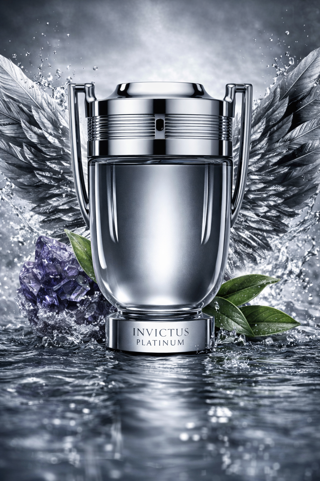 Invictus Platinum perfume bottle with wings and flowers on a gray background