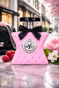 Pink quilted perfume bottle with black bow and 'NYC' label on a reflective surface with flowers and berries.