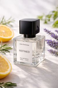 Perfume bottle labeled 'Refined' with lemons and lavender on a light background