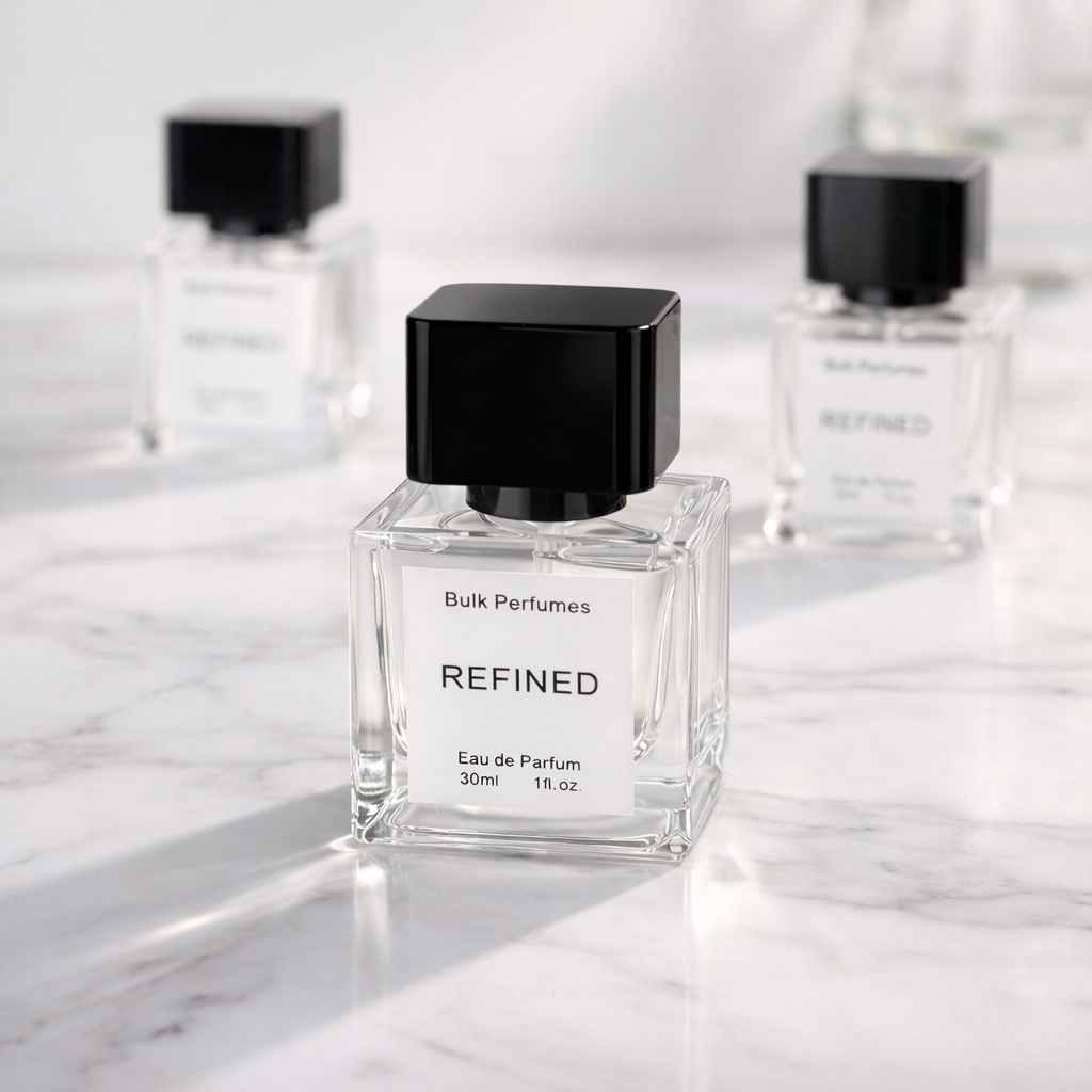 Perfume bottle labeled 'Refined' by Bulk Perfumes on a marble surface.